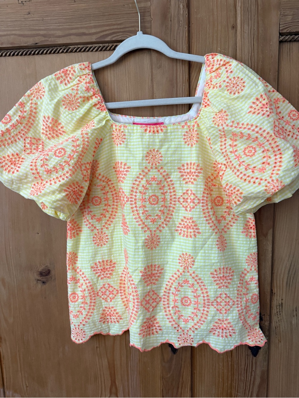 Lilly Pulitzer Yellow Puff Sleeve Embroidered Blouse with Coral Motif